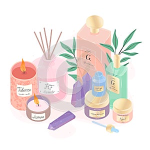 Serum,creams,deffuser,candles and eucalyptus  illustration set