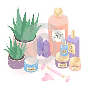 Serum,creams,perfume,face massage tools and aloe  illustration set