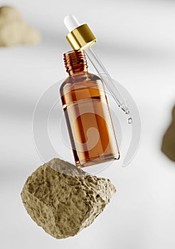 Serum Dropper Bottle Mockup on a rock - 3D Illustration