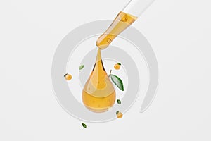 Serum dropper dripping vitamin C serum with floating orange and leaf