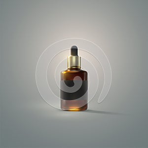 Serum essence bottle with dropper and black label.