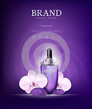Serum essence orchid flower with dropper in bottle. Skin care collagen hyaluronic moisture formula treatment with honeycomb design