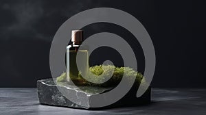 Serum and oil cosmetic bottle on a concrete stone with moss podium