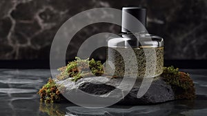 Serum and oil cosmetic bottle on a concrete stone with moss podium