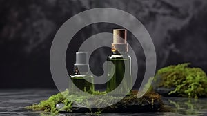 Serum and oil cosmetic bottle on a concrete stone with moss podium