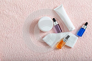 Serum oil moisturizing cream mask Cotton pads skin care cosmetics for home or salon beautician care. Cosmetics for skin