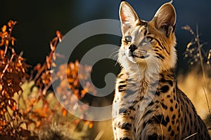Serval cat in the savanna on the background of yellow grass.
