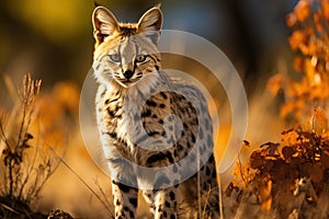 Serval cat in the savanna on the background of yellow grass.