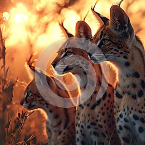 Serval family in the savanna with setting sun shining.