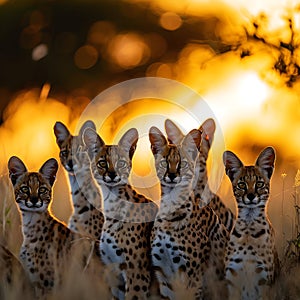 Serval family in the savanna with setting sun shining.