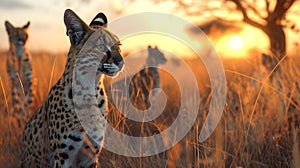 Serval family in the savanna with setting sun shining.