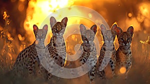 Serval family in the savanna with setting sun shining.