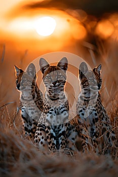 Serval family in the savanna with setting sun shining.