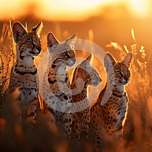 Serval family in the savanna with setting sun shining.