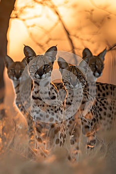 Serval family in the savanna with setting sun shining.