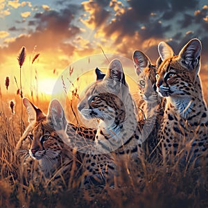 Serval family in the savanna with setting sun shining.