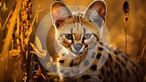 Serval wild cat against autumn yellow background