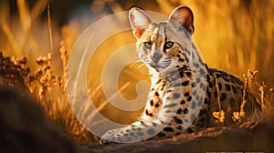 Serval wild cat against autumn yellow background