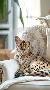 Serval wild cat at home interior. African spotted kitten. Yellow golden fur with black dot and big fluffy ears