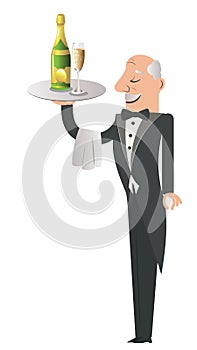 Servant with bottle and glass of champagne