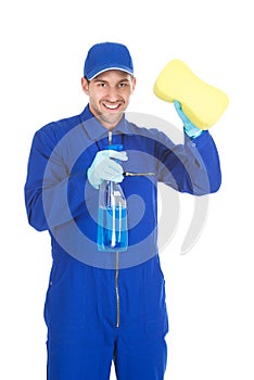 Servant Holding Cleaning Spray And Sponge