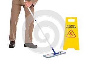 Servant Mopping Floor Over White Background