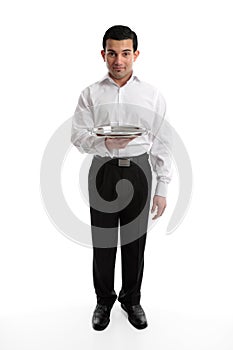 Servant or waiter with empty silver tray photo