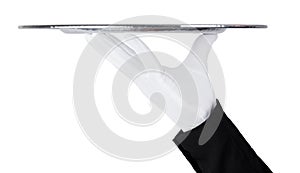 Servant white glove holds stainless steel tray