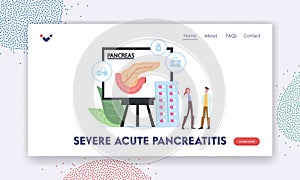 Serve Acute Pancreatitis Landing Page Template. Tiny Doctor Characters in Medical Robe Look on Huge Infographics