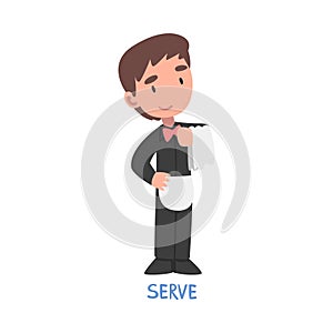 Serve Word, the Verb Expressing the Action, Children Education Concept Cartoon Style Vector Illustration