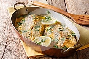 Served baked trout fillets with garlic butter sauce, lemon and p