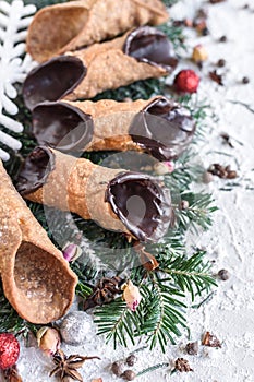 Served cannoli on Christmas decoration