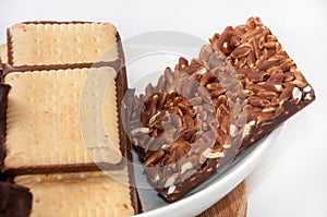 Served chocolate wafles and biscuits in the bowl