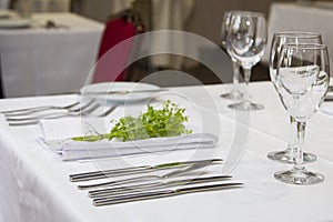 Served dinner table in a restaurant. Restaurant interior