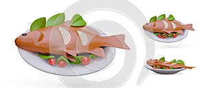 Served fried fish with seasonings. 3D dorado, sea bream on plate. Set of vector illustrations photo