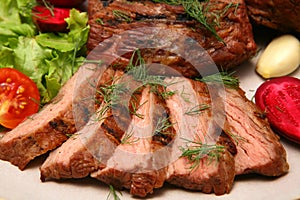 Served roasted beef steak