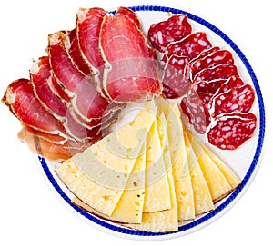 Served sliced sausage, cheese and ham