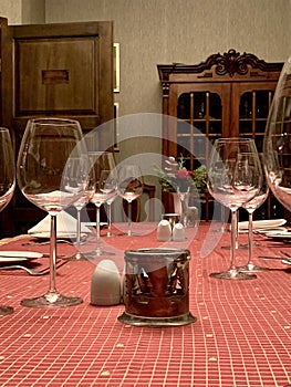 Served table with glasses in a restaurant