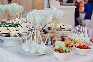Served table with gummies, cupcakes, cakes and desserts.