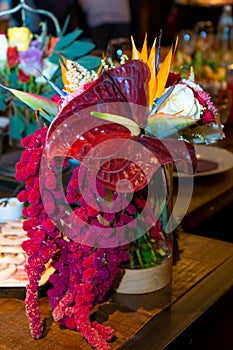 Served table in restaurant with flowers