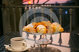 Served tasty bakery products close up view