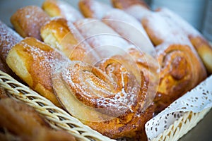 Served tasty bakery products close up view