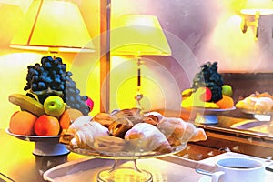 Served tasty bakery products on the dish close up view scene with lamp and the mirror