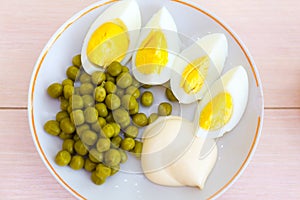 Served tasty egg salad meal close up view.