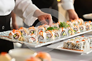 server arranging freshly rolled sushi on a platter for a buffet table