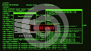 Server attack and hacking. Programming code running over computer screen terminal, hacking concept.