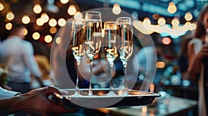 A server carries a tray of champagne glasses through the crowded space offering refreshments to guests