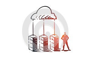 Server, cloud, system, database, storage concept. Hand drawn isolated vector.