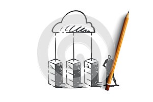 Server, cloud, system, database, storage concept. Hand drawn isolated vector.