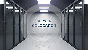 SERVER COLOCATION caption on the wall of a server room. Conceptual 3D rendering